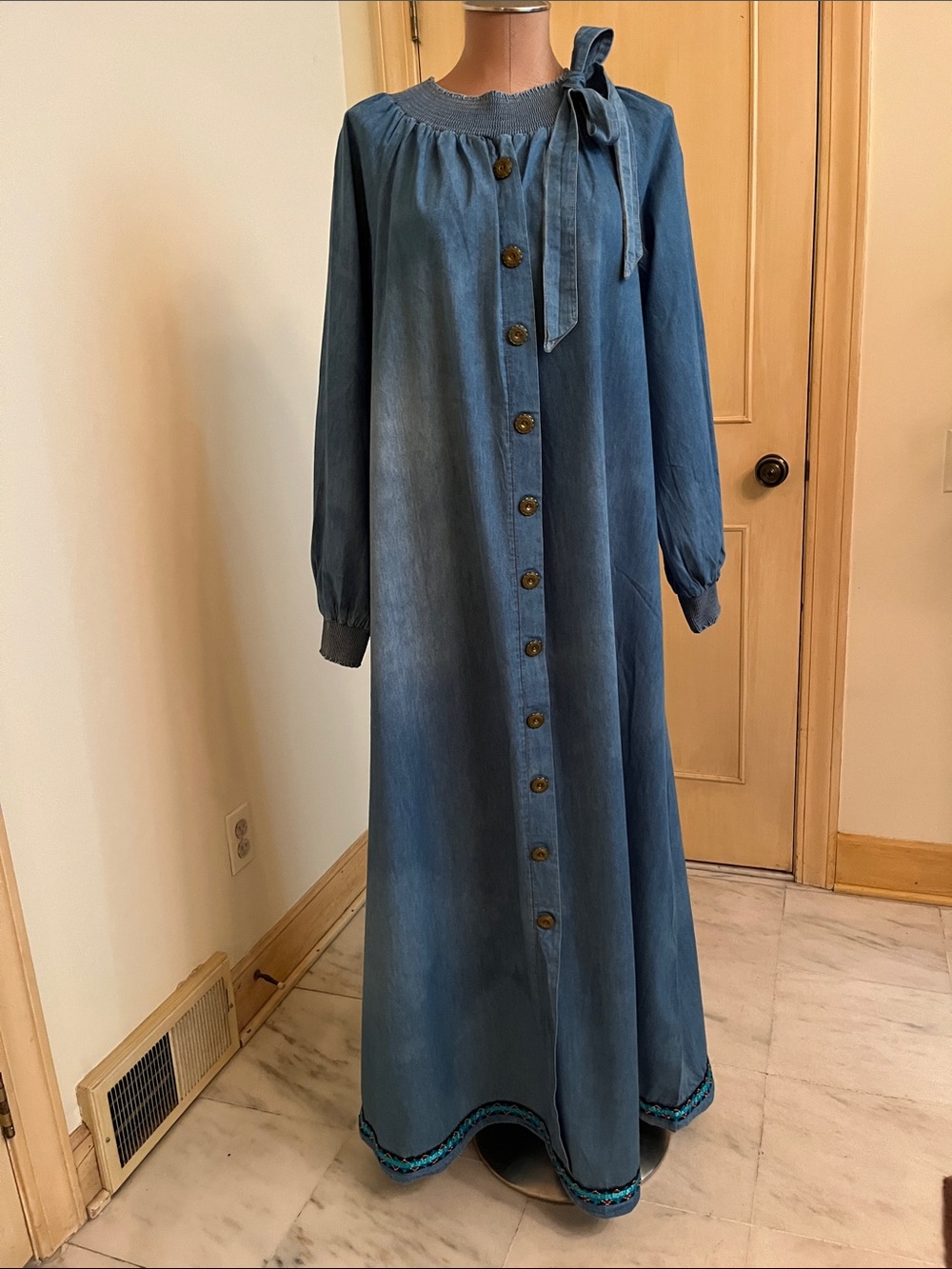 BAGIZA Artsy Lagenlook Denim Smock & Button Detail Trim Hem L.SLV Maxi w/ Tie XL